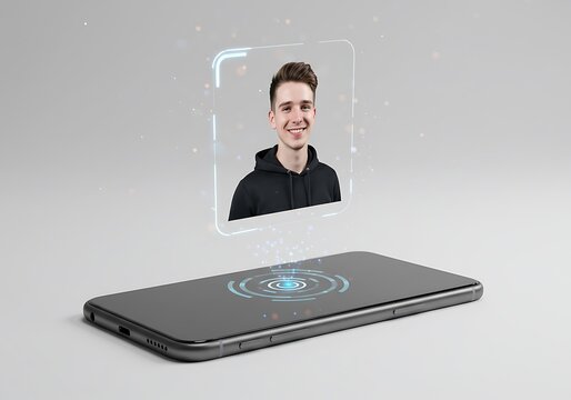 A sleek smartphone projects a futuristic holographic image of a smiling young man's face, indicating biometric recognition.