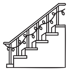 Festive stair railing with holiday string lights in simple line art drawing - stock vector