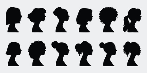 Silhouette collection of diverse women head profiles with different hairstyles illustration