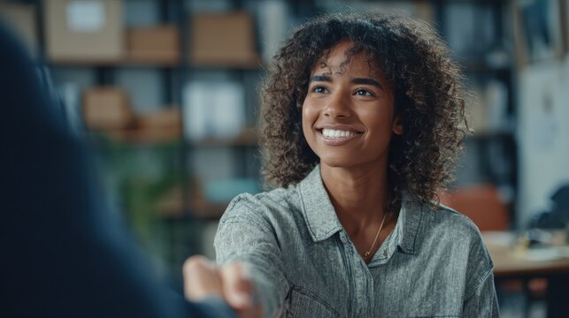 a student athletes focused expression while shaking hands with a compliance officer after signing a nil contract with office shelves softly blurred a smiling woman with curly shaking hands with a pe