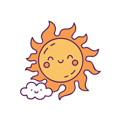 Smiling Sun and Joyful Cloud Icon. Cheerful illustration of a radiant day star alongside a tiny fluffy cumulus. Embodies warmth, optimism, and bright, happy weather.