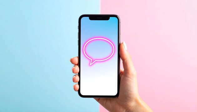 Hand holding a smartphone displaying a neon pink speech bubble