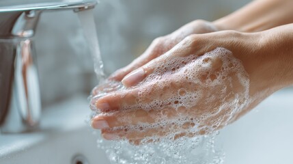 young woman washing cleansing soapy hands in bathroom to prevent coronavirus infection cleaning skin care in foamrubbing hands rinsing with running water covid 19 protection concept close up view no 