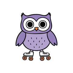 Whimsical Purple Owl Roller Skater. This adorable violet bird glides on retro wheels, embodying joy and playful spirit. A charming creature ready for fun.