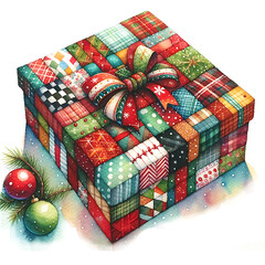Many Christmas retro patchwork decor gift box, holiday illustrations isolated on white background, gift and sale concept