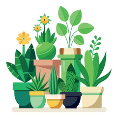 Create a colorful illustration of different potted indoor plants with various shapes, sizes, and leaves