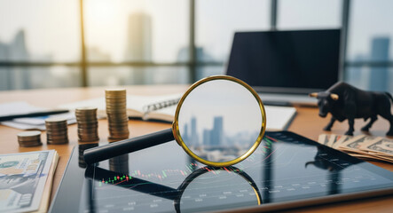 Fototapeta premium Financial market analysis with magnifying glass, tablet displaying trading charts, stacked coins, and bull figurine. Investment research workspace includes candlestick graphs, data, business documents