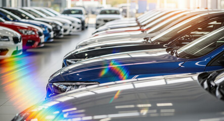 Car dealership with rainbow light reflections across polished vehicle surfaces. Automotive showroom interior featuring spectrum effects, gleaming cars, modern retail environment.