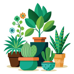 Create a colorful illustration of different potted indoor plants with various shapes, sizes, and leaves