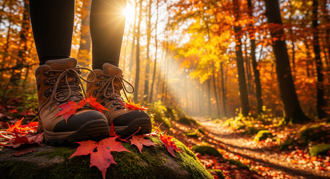Hiking boots on mossy log with red maple leaves in autumn forest. Golden sunlight streams through colorful fall foliage as leather footwear rests during peaceful woodland adventure. - Powered by Adobe