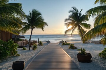 Fototapeta premium Scenic tropical boardwalk with palm trees and ocean at sunset