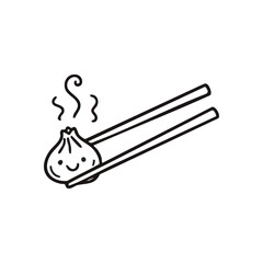 Happy Dumpling with Chopsticks. A steaming food bun with a joyful face is gently lifted. This charming illustration symbolizes warmth, comfort, and Asian culinary delight.