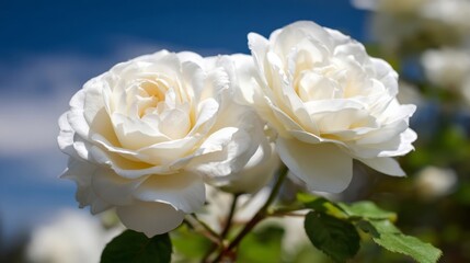 Two elegant white roses in full bloom stand against a clear blue sky with scattered clouds,
