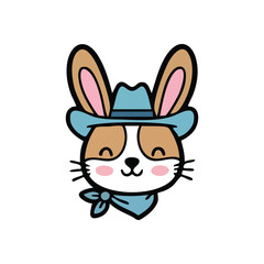 Cute Rabbit Cowboy Cartoon Mascot. Adorable bunny character wearing a blue western hat and bandana. This charming illustration embodies cheerfulness and playful spirit.