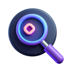 High quality photo of a 3d magnifying glass icon with neon blue and purple accents isolated on transparent background
