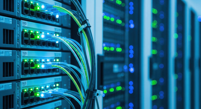 Data center server infrastructure with green and blue led network indicators, fiber optic cables. Modern cloud computing facility, enterprise networking hardware technology.