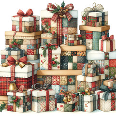 Many Christmas gift boxes, holiday illustrations isolated on white background, gift and sale concept
