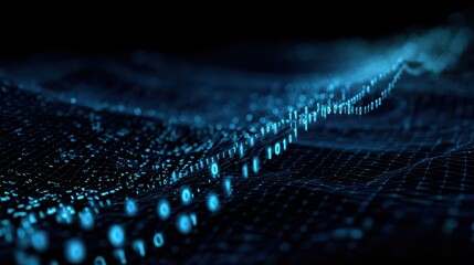 flowing stream of binary code with neon glow on a dark blue grid background design