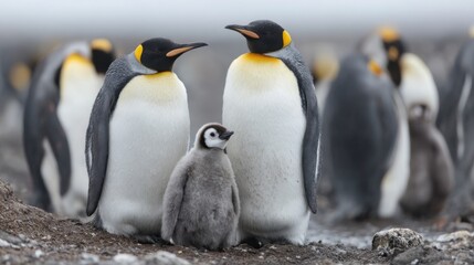 Two emperor penguins stand close together in the cold Antarctic watching a fluffy chick nestled between them. This scene highlights the caring nature of penguin families in their icy habitat.