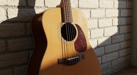 Sun-Drenched Acoustic Guitar Leaning Against a Brick Wall.