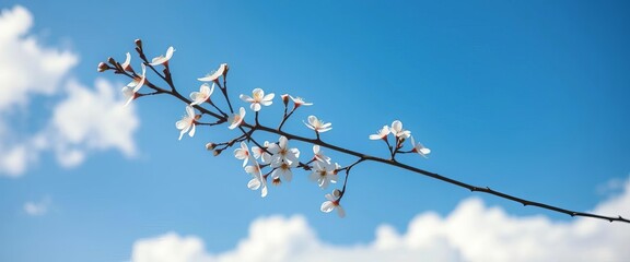 Delicate white blossoms on a slender branch against a vibrant blue sky and fluffy white clouds, spring,  delicate