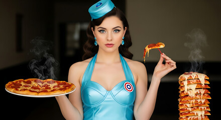 Alluring Pin-up Waitress Seductively Holding Pizza Slices and a Stack of Lasagna