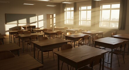 Sun-Drenched Classroom - Empty Desks Bathed in Golden Light, Evoking Nostalgia and Quiet Reflection.
