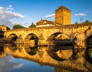 Obraz premium Ancient Stone Bridge Reflection in Calm River at Sunset