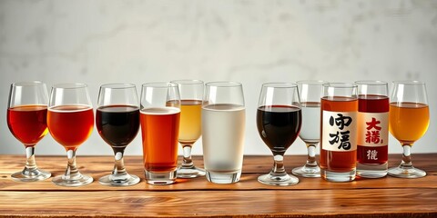 Elegant sake glasses filled with various types of sake, arranged on a rustic wooden table against a light backdrop,   variety,  minimalist