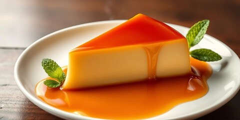 Silky flan slice, glistening caramel, fresh mint sprig on pristine white plate,  plate,  pastry
