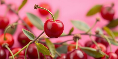 Single ripe red cherry on pink backdrop, surrounded by blurred red cherries  Plenty of copy space, pink, still life