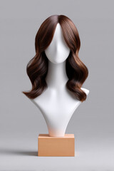 Fototapeta premium Elegant brown wavy long hair wig on beauty mannequin head. professional hairstyle display for salon, showing smooth texture on gray background with copy space
