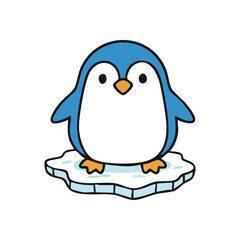 Adorable Cartoon Penguin Ice Floe. A charming little Antarctic bird illustration, with bright blue feathers and an orange beak, stands on a small floating ice chunk. Evokes warmth and cuteness.