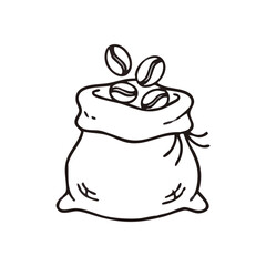 Fresh Coffee Beans Bag Outline. Hand-drawn sketch depicting raw java seeds in a burlap pouch, symbolizing the origin and natural essence of this popular beverage.