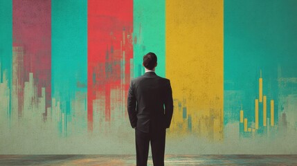 back view of thoughtful businessman on creative buy sell forex chart background growth and invest concept no logos no brands ar 169