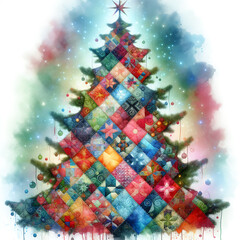 Patchwork christmas tree. Cute folk holiday colorful illustration isolated on white background
