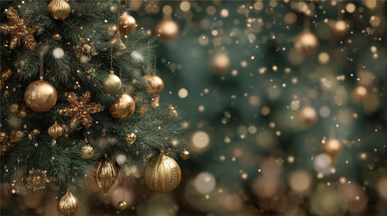 Christmas tree decorations with golden ornaments and soft lights  
