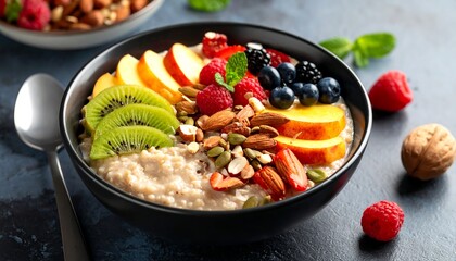Healthy breakfast bowl with oatmeal and fruit