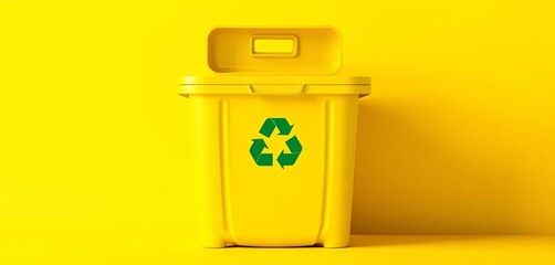 Bright yellow recycling bin with green recycling symbols against a vibrant yellow backdrop, eco, cleanliness