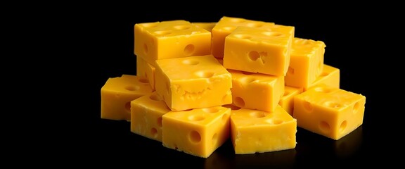 Golden, creamy cheese blocks with air holes, isolated on black,  appetizer,  texture