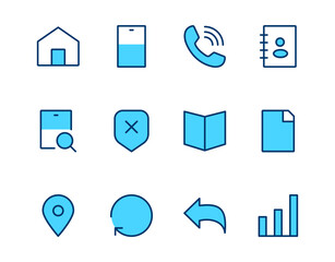 Blue Outline Icon Set Home, Phone, Map, Location, Contacts, Document, Battery, Search, Shield, Refresh, Arrow, and Chart
