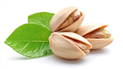 Three open pistachios sit on vibrant green leaves showcasing their unique shape and texture. This fresh arrangement highlights a healthy snacking option.