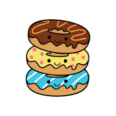 Sweet Smiling Doughnuts Stack. A delightful arrangement of three frosted snacks, adorned with pleasant expressions, symbolizing comfort and cheerful moments.