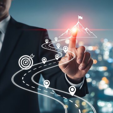 Businessman s finger points to glowing upward arrow on digital roadmap with city lights