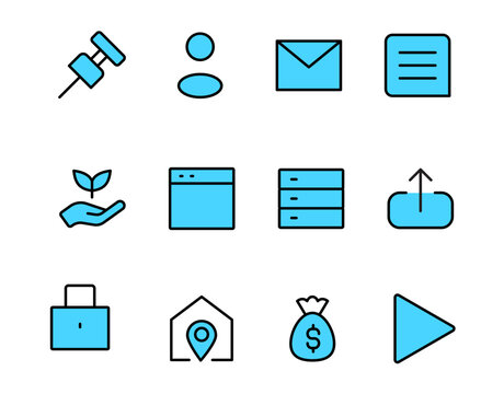Blue Outline Icon Set Fitness, User, Email, File, Eco, Browser, Server, Upload, Lock, Location, Money, and Play Symbols