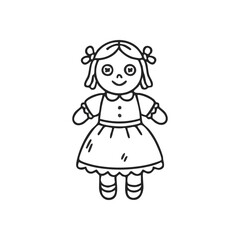 Simple Happy Doll Line Art. Cheerful hand drawn toy illustration, symbolizing innocent childhood fun and creative play. Perfect for kids projects or retro designs.