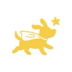 Yellow Hero Dog with Flying Star. A vibrant gold canine wearing a flowing cloak bounds energetically towards a bright celestial body. This adorable illustration signifies dreams, success, and joyful.