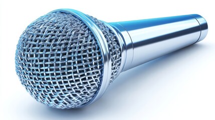 A close-up of a metallic stage microphone with a spherical mesh screen,