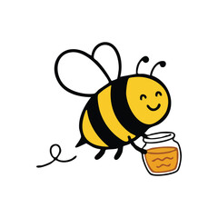 Sweet Bee Character Holds Honey Pot. The cheerful insect illustration radiates joy and the richness of nature's golden syrup. Ideal for designs symbolizing happiness.