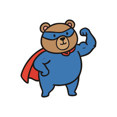 Mighty Cartoon Bear Hero Flexing Bicep. Charming animated grizzly portrays strength and courage, symbolizing resilience and protective power. Perfect for children's themes.
